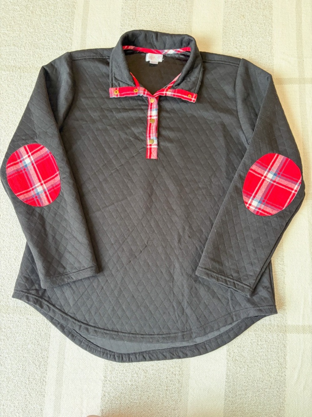 Quilted pullover sweatshirt plaid elbow patch snap collar black women M cozy